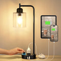 Industrial Desk Lamp, Fully Dimmable Small Bedside Table Lamp, Black, USB C | Glass Shade, USB C+A Charging Port & Outlet, Lamps for Bedroom, Night Stand, Home Office, Living Room by Innqoo