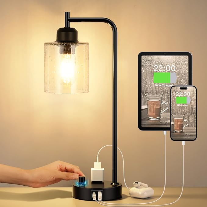 Industrial Desk Lamp, Fully Dimmable Small Bedside Table Lamp, Black, USB C | Glass Shade, USB C+A Charging Port & Outlet, Lamps for Bedroom, Night Stand, Home Office, Living Room by Innqoo