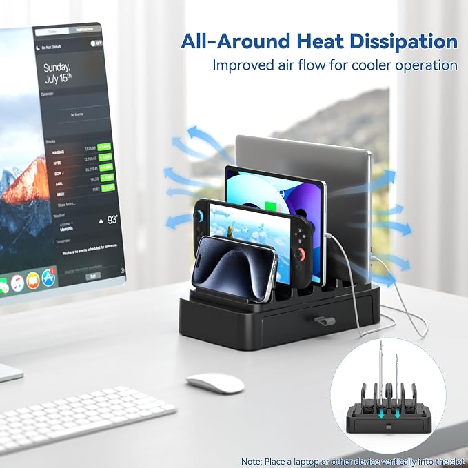 KDD Vertical Laptop Stand with Drawer - 7-in-1 Space-Saving Laptop Holder with Gravity Locking Fits MacBook, Dell, HP, Chromebook, Surface Pro, Tablet, Cell Phone, Switch, Keyboard Desktop Organizer - Image 3