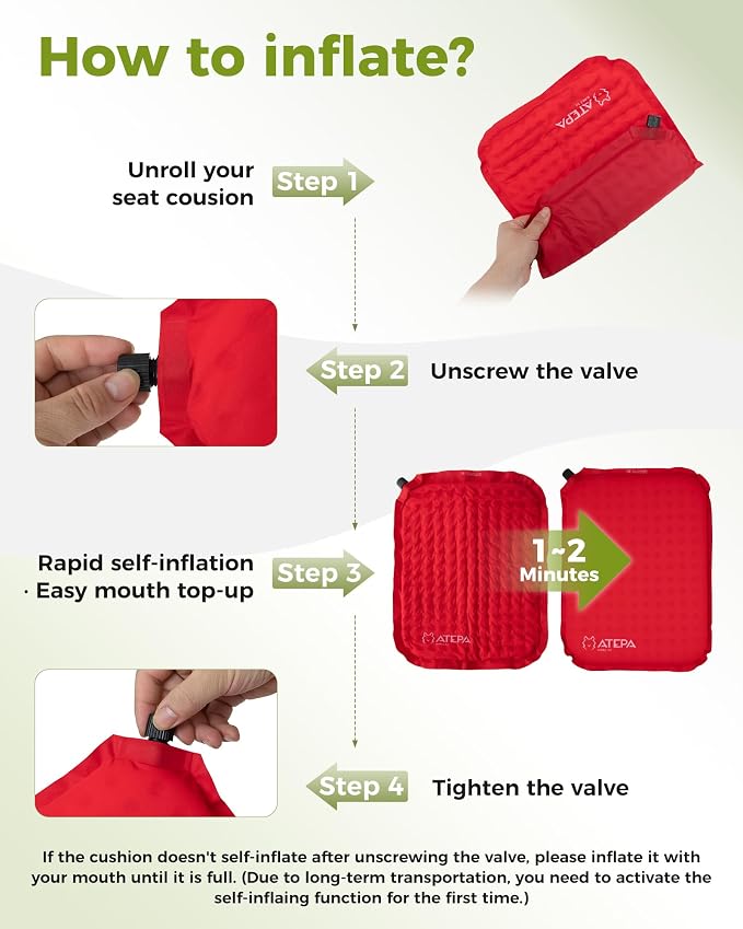 ATEPA Inflatable Seat Cushion | 2" & 2.5" Foam Core Seat Pad, Self Inflating, Compact, Stadium, Airplane, Travel, Camping, Hiking, Sports events - Image 6