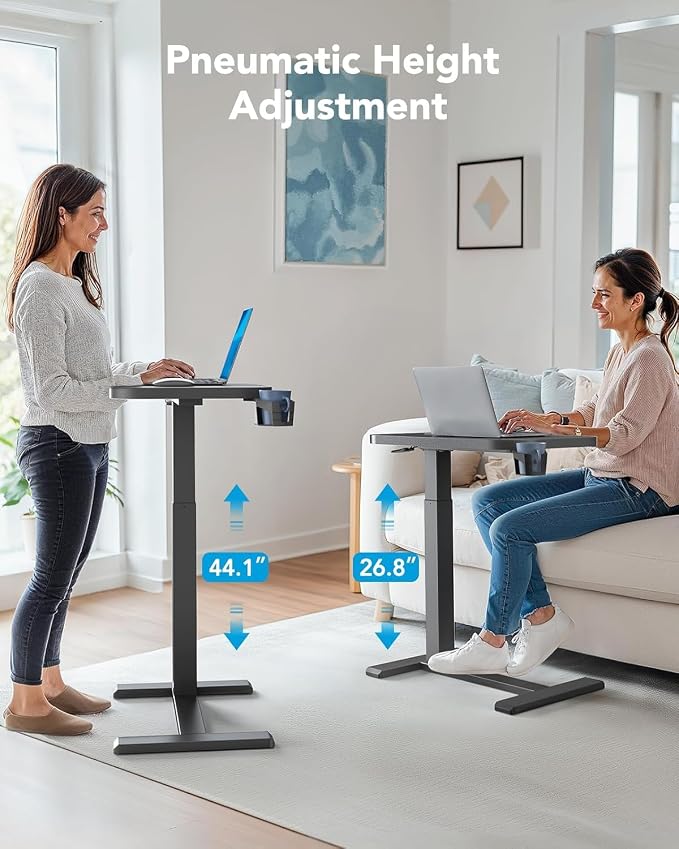 HUANUO 32Inch Bedside Table with Wheels, Height-Adjustable Rolling Computer Cart, Overbed Table with Cup Holder, Pneumatic Laptop Standing Desk for Home Office, Black - Image 3