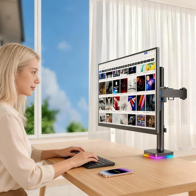 Afaloona RGB Monitor Arm with USB Hub for 13-27" Monitor, up to 17.6 lbs | Monitor mount with 1 USB-C and 2 USB-A ports supports charging and data transfer for office setups, gaming and workstations - Image 6