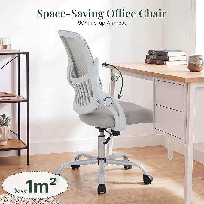 Home Office Desk Chair with Flip-up Armrest, Computer Chair | Lumbar Support, Height Adjustable, Mesh Mid-Back, Ergonomic Task Gaming Chair with 360° Swivel Wheels for Adults, Grey - Image 5
