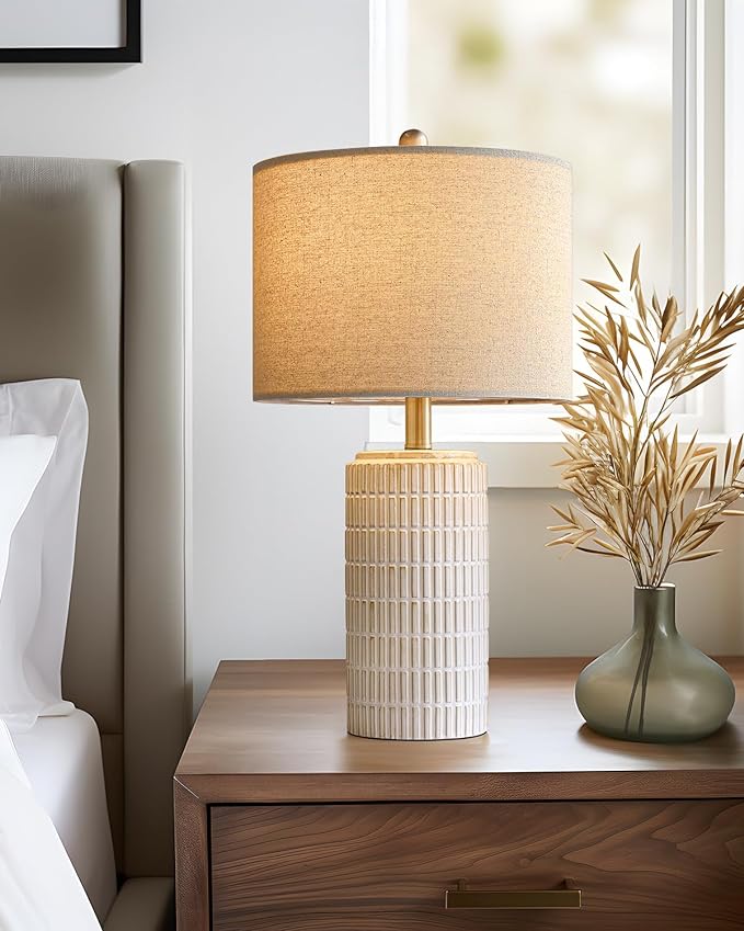 PoKat 23'' Bedside Table Lamp for Bedroom Nightstands, Modern Ceramic Decor | White Desk Lamp, Nickel Pole, House Warming & Birthday Gifts, for Women Mom, Ideal Table Light for End Table & Living Room - Image 5