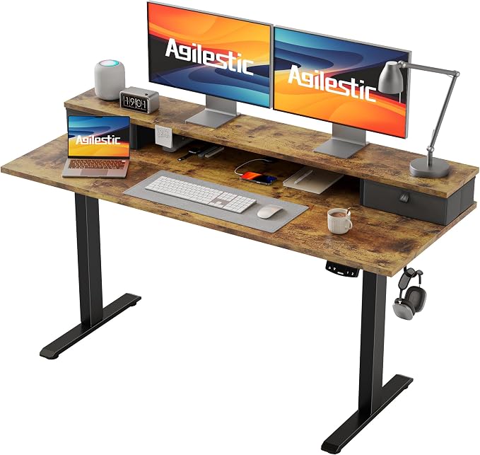 Agilestic 55 * 24 Inch Electric Standing Desk with Drawers, Rustic Brown | Electric Height Adjustable, 2 Storage Drawer, Monitor Stand, Sturdy Steel Frame, Memory Presets, Hooks, 154 lbs, Splice Board by Agilestic