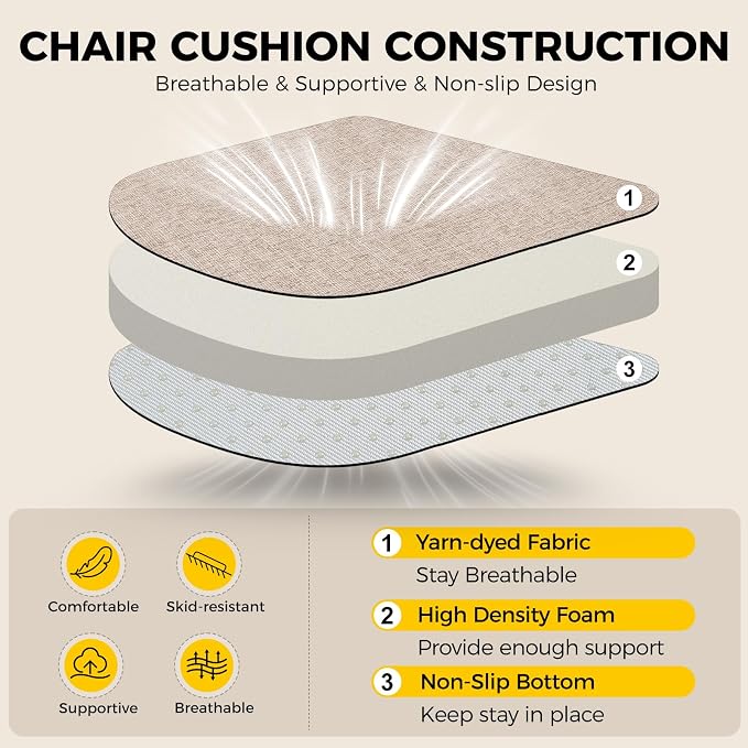 downluxe Indoor Chair Cushions for Dining Chairs, Kitchen Chair Pads with Ties and Non-Slip Backing, 16" x 16" x 2", Oatmeal Beige, 4 Pack - Image 3