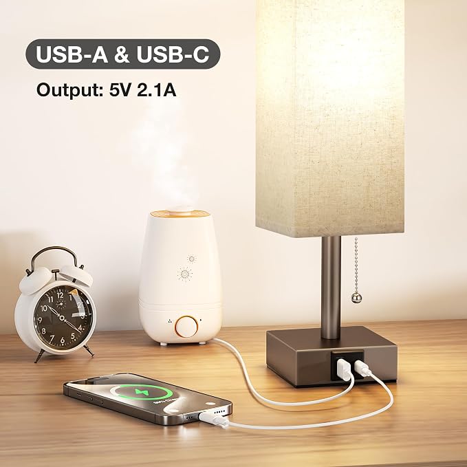 Brown Bedside Table Lamp for Bedroom - Desk Lamp For Nightstand, USB C+A | Pull Chain Lamp, 3 Color Modes(3000K/4000K/5000K), E26 LED Bulb Included, Square Brown Fabric Lampshade, for Read, Work, Dorm - Image 2