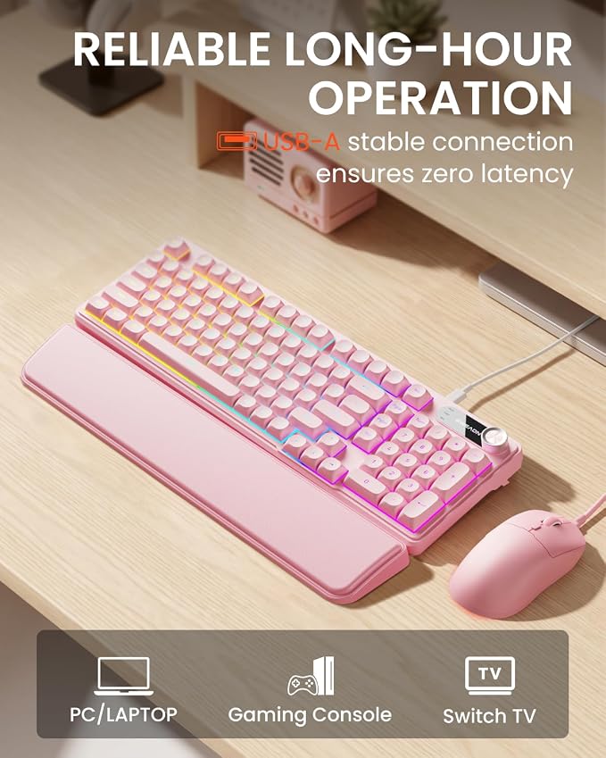EWEADN Wired Keyboard and Mouse Combo with Detachable Wrist Rest, Quiet Ergonomic Keyboard Mouse Set with Multimedia Knob, RGB Backlit, Double-Shot Keycaps Natural Typing for Laptop, PC - Pink - Image 6