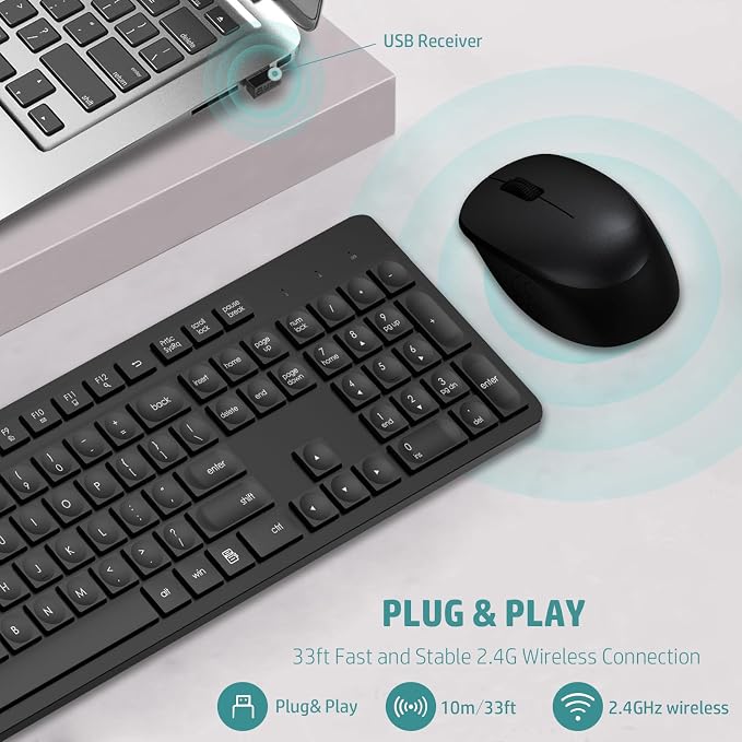 LeadsaiL Wireless Keyboard and Mouse Combo, Full-Sized Ergonomic Computer Keyboard, 2.4GHz Cordless Keyboard Silent Mouse Set with 2-in-1 USB Receiver, 12 FN Shortcuts for Windows Laptop, PC/Mac-Black - Image 2