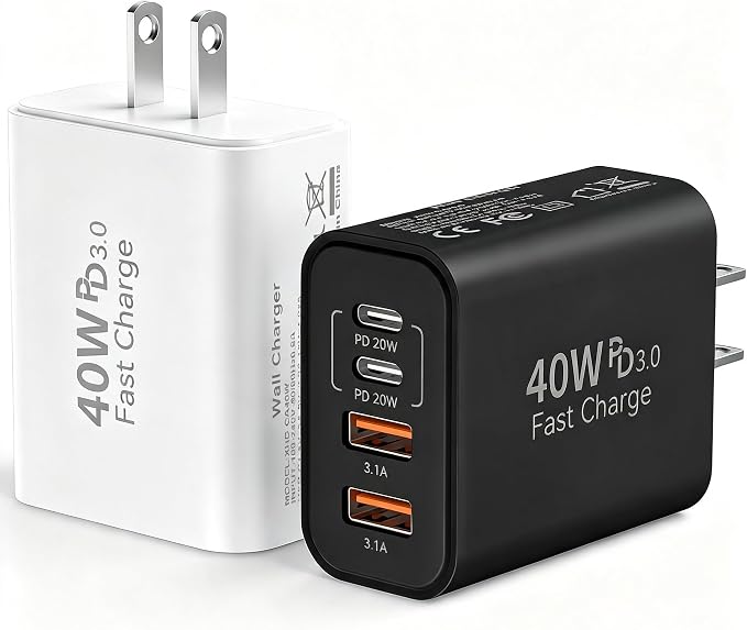 USB C Wall Fast Charger Block, 40W 4-Port Type C Chargers Fast Charging Blocks PD Power Charger Adapter+QC 3.0 USB Multiport Charger Brick for Phone 17/16/15/14/13/12 Pro Max, i-Pad, Galaxy S25-2Pack by Duloch
