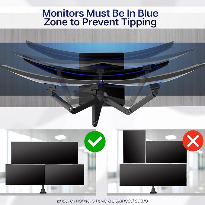 VIVO Pneumatic Arm Triple Ultrawide Monitor Desk Stand for Up to 49 inch Screens with Tempered Glass Base, Holds 3 Ultra Wides Up to 33 lbs Each, Black, STAND-V300FG - Image 6