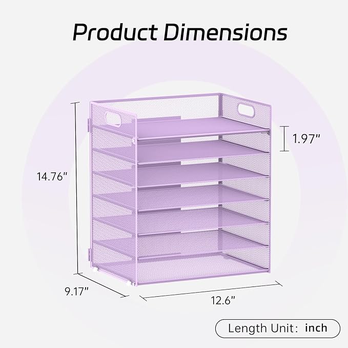 7 Tier Paper Organizer for Desk with Mesh Letter Trays and Handle Purple | Purple Desk File Organizer with Handle for Sorting Papers, Files, Folders, Mail, Bills and Office Supplies - Image 2