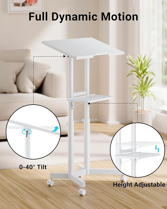 BONTEC Lecterns & Podiums Portable Mobile Standing Laptop Desk, Sit Stand | Height Adjustable, Home Office Classroom Pulpit Stand Up Desk Workstation, Rolling Table Laptop Cart with Storage Tray, White - Image 2