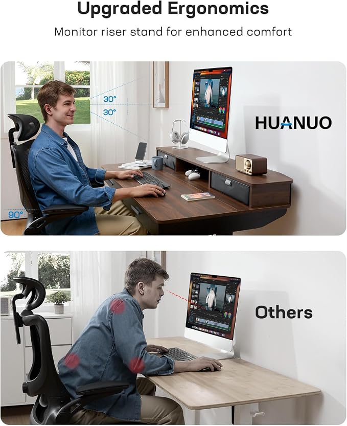 HUANUO 55 x 30 inch Electric Standing Desk with 2 Wood Drawers, Adjustable Height Sit Stand Desk for Home Office, Ergonomic Stand up Desk with 4 Memory Presets, 176 lbs Capacity, Walnut Top - Image 7