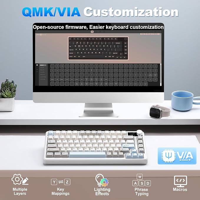 YUNZII B75 PRO MAX 75% Mechanical Keyboard (Beige,Milk Switch) | QMK/VIA, Wireless Keyboard with Screen and Knob, Custom Hot Swap, Gasket Mount, Creamy Switches, RGB for Gaming/Win/Mac - Image 6