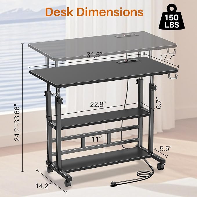 Adjustable Height Standing Desk with Power Outlets, Rolling Stand Up Desk with Storage Shelves, 31.5" Small Mobile Computer Desk, Portable Laptop Table (Black) - Image 2
