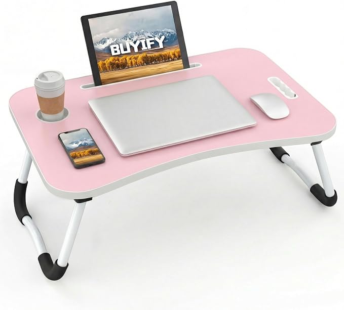 BUYIFY 23" Foldable Lap Desk for Laptop Writing w/Cup Holder Pink | Sturdy and Durable, Laptop Bed Desk with Tablet Slot, No Assembly, Space Saving for Bed Couch Dorm WFH Students by BUYIFY