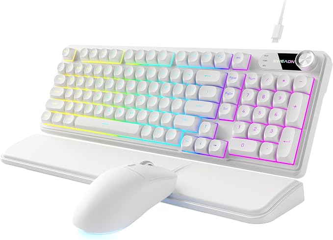 EWEADN Wired Keyboard and Mouse Combo with Detachable Wrist Rest, Quiet Ergonomic Keyboard Mouse Set with Multimedia Knob, RGB Backlit, Double-Shot Keycaps Natural Typing for Laptop, PC - White by EWEADN
