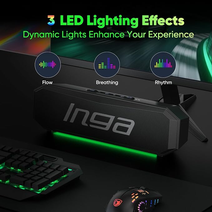 INGA Bluetooth Computer Speakers with Dual Mode Gaming & Music, USB Powered | Plug and Play, Colorful LED Lights, Compatible with Desktops, Laptops, Phones, Tablets - Image 6