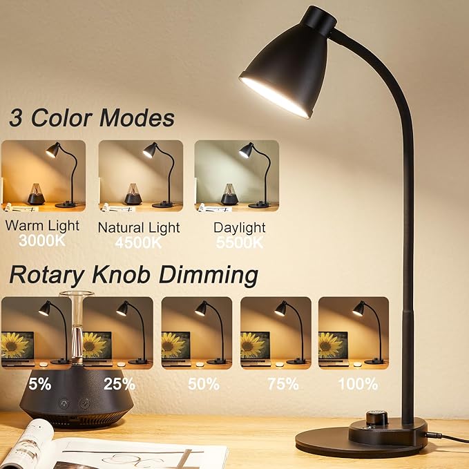 BOHON LED Desk Lamp with USB Charging Port 3 Color Modes Dimmable, Black | Reading Light Intelligent Induction Auto Dimming Task Lamp Neck Flexible Table Lamp for Bedside Office, AC Adapter Include - Image 2