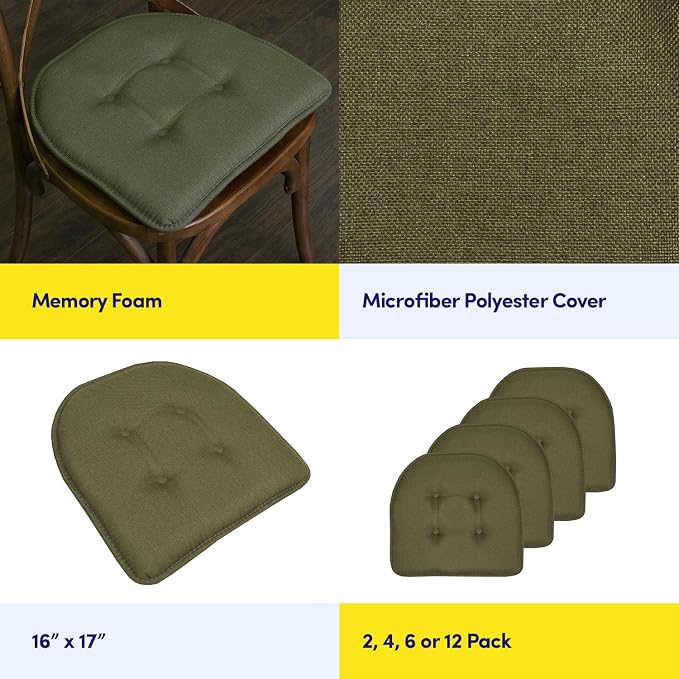 Sweet Home Collection Chair Cushion Memory Foam Pads Tufted Slip Non Skid Rubber Back U-Shaped 17" x 16" Seat Cover, Army Green 6 Count - Image 6