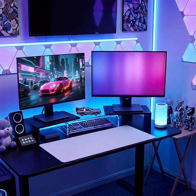 Dual Monitor Riser, Acrylic Monitor Riser, Adjustable Angle & Length Computer Monitor Stand, Wide Desk Shelf for Top of Desk for Home Office_Black Maple Look Small - Image 2