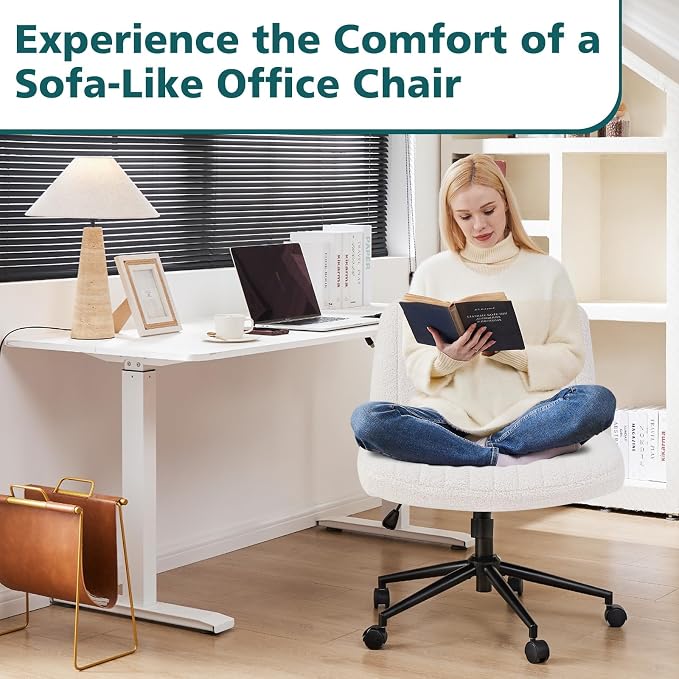 OLIXIS Criss Cross Chair with Wheels, Vanity Chair, Home Office Desk | Wide Seat Armless, Furry Teddy Fleece, Height Adjustable Swivel Rolling, Home Computer Task Seat, Bedroom Study, Beige Teddy - Image 6
