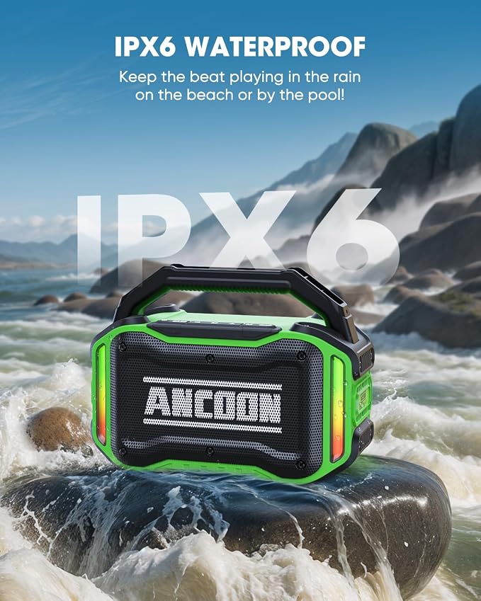 ANCOON Speakers Bluetooth Wireless: 80W(Peak) Loud Speaker with Bass, 20H Playtime, IPX6 Waterproof, Large Jobsite Speakers for Work, Outdoor, Workshop, Garage, Portable Speaker with TWS (Green) - Image 3