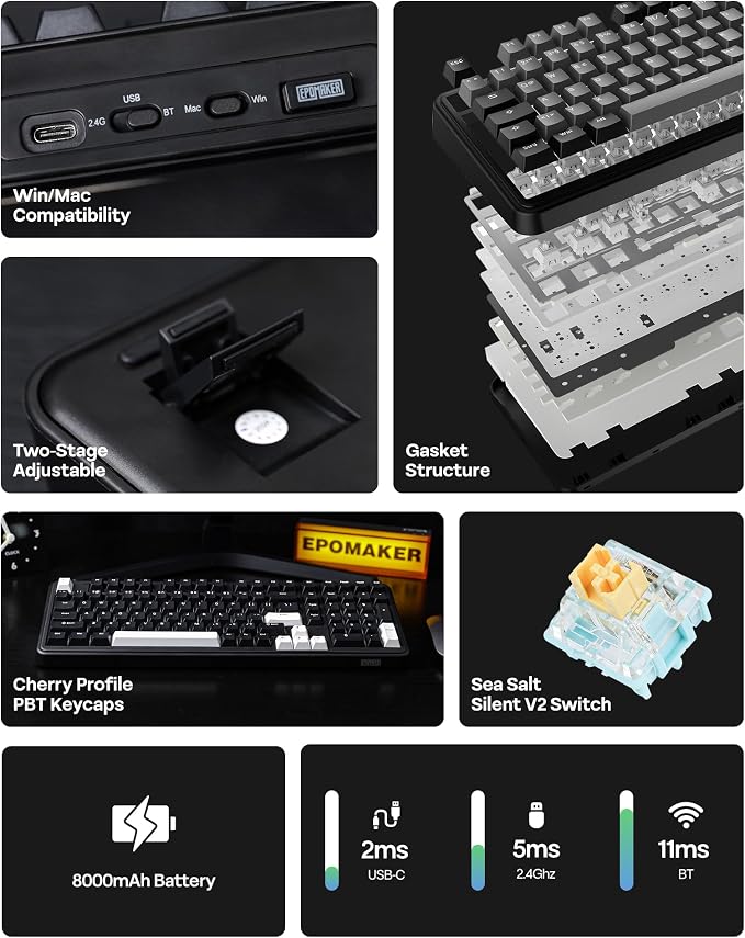 EPOMAKER TH99 Tri-Mode Wireless Mechanical Keyboard with 8000mAh Battery | Hot Swappable Custom RGB Gaming Keyboard with Numpad, Creamy Gasket Keyboard for PC/Mac/Office (Black, Sea Salt Silent) - Image 3