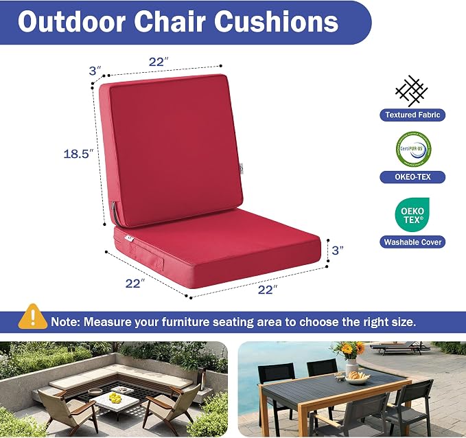 IPYNBAP Outdoor Cushions, Outdoor Chair Cushions 22x22x3 Inch, Cushions for Outdoor Furniture with Removable Cover, Waterproof & Fade Resistant Outdoor Seat Cushions for Patio, Lawn, Burgundy - Image 2