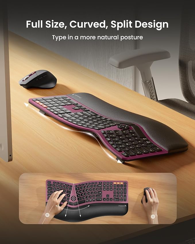ProtoArc EKM01 Plus Wireless Ergonomic Keyboard Mouse Combo - Wine Red | Full-size Split Keyboard with Cushioned Wrist Rest, Ergonomic Mouse, 3-Device Bluetooth/2.4G, USB-C Rechargeable - Image 2