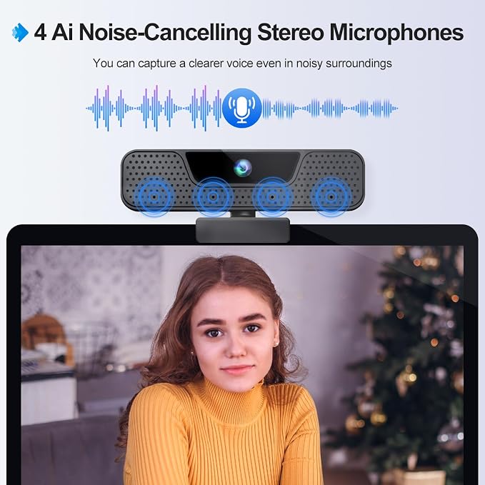 ToLuLu 4K Auto Focus Webcam for PC, 4 AI Noise-Canceling Mics UHD Web cam | Auto Light Correction, 85°FOV Computer Web Camera, USB Plug&Play Webcam with Tripod & Privacy Cover Works w/Zoom/Skype/Google - Image 4