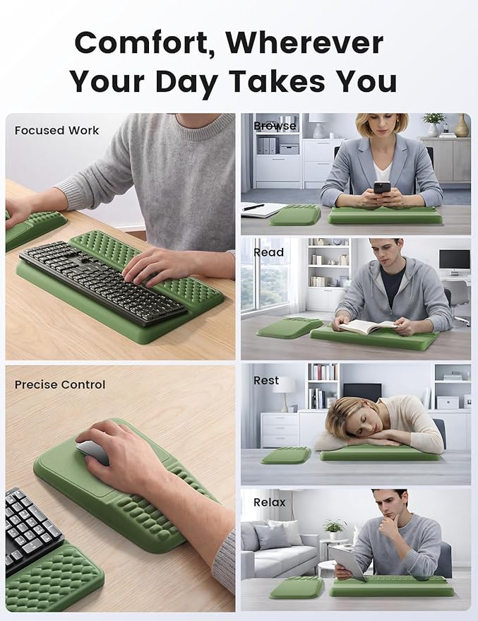 Vaydeer Keyboard Stand and Mouse Pad Set with Wrist Rest, Soft Memory Foam Wrist Support, Ergonomic Wrist Cushion for Desk, Relieves Carpal Tunnel Pain, Palm Hand Typing for Office, Gaming, Green - Image 5