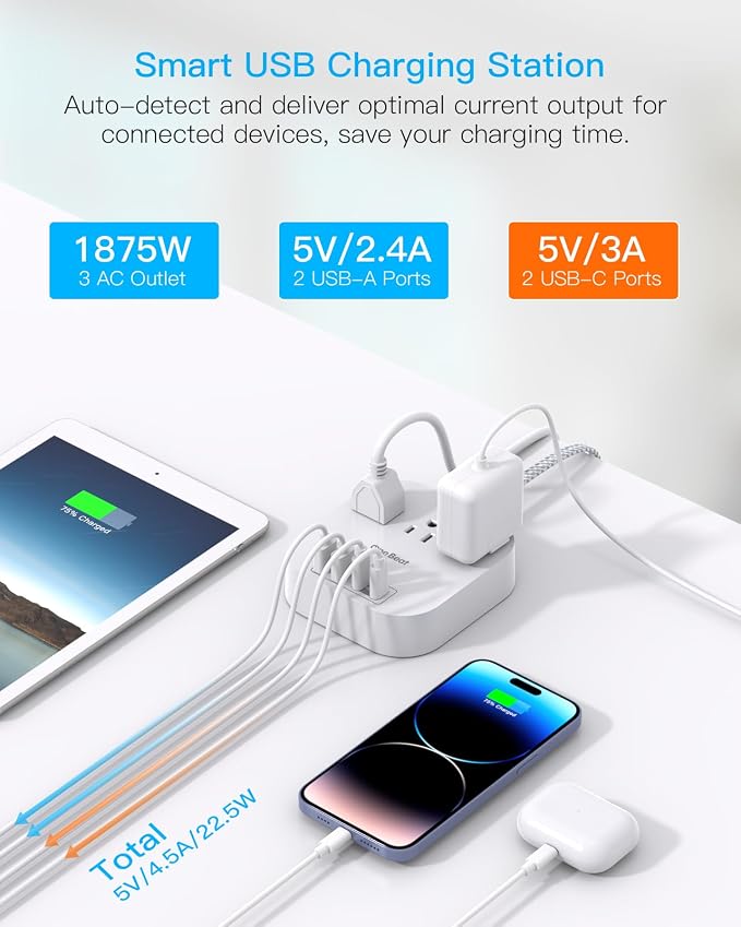 One Beat Power Strip with USB C, 3 Outlets 4 USB Ports, 10ft Braided Extension Cord, 22.5W Desktop Charging Station, Flat Plug, Non Surge Protector, Home Office Cruise Travel, ETL Listed, White - Image 2