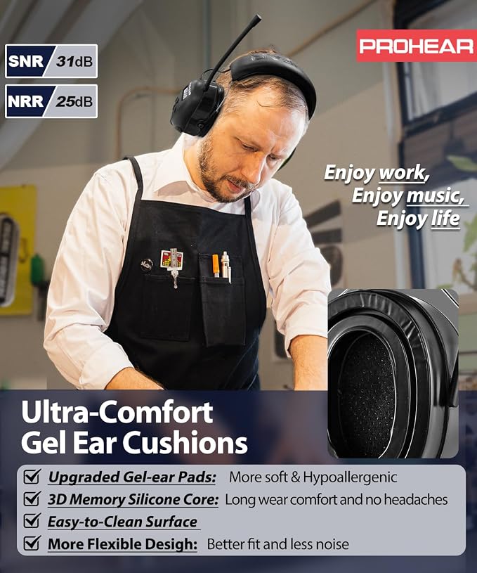 PROHEAR 033 AM FM Bluetooth Radio Headphones with Gel Ear Pads - More Soft Comfort - USB C Rechargeable 1500mAh Battery - 31dB SNR 58Hrs Playtime - Hearing Protection for Mowing Lawn, Gifts for Father - Image 2