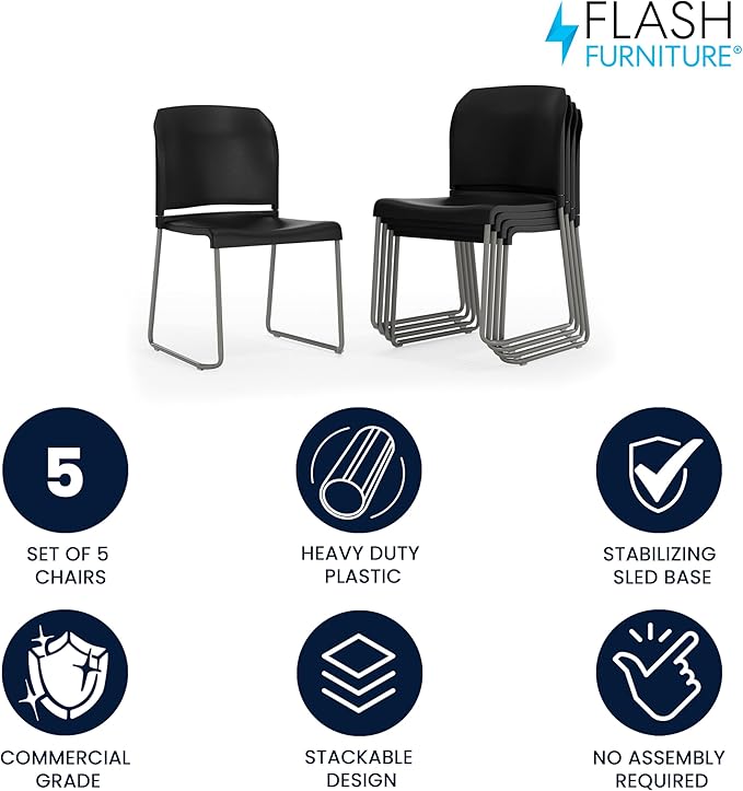 Flash Furniture Hercules Series Contoured Stacking Chairs for Waiting Rooms and Offices, Ergonomic Lobby Chairs with Curved Back, Set of 5, Black | Sled Base, Powder Coated, Contoured, 880 LBS. Weight Capacity - Image 4
