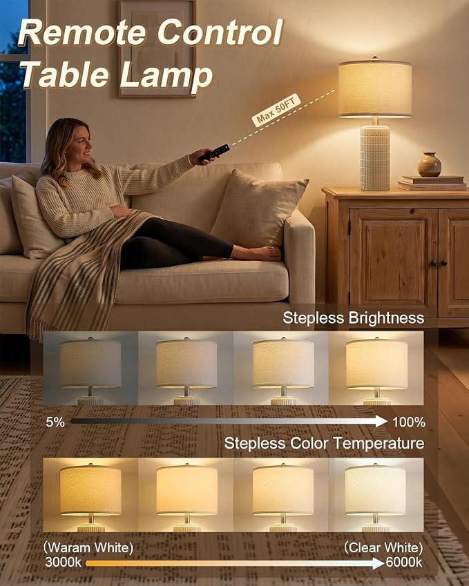 PoKat 23’’ Dimmable Table Lamps Set of 2 with Remote for Living Room, White | Modern Bedside Lamps for Bedroom, Stepless Adjustable, Farmhouse Ceramic Lamp for Nightstands, Blubs Included, No Battery - Image 2
