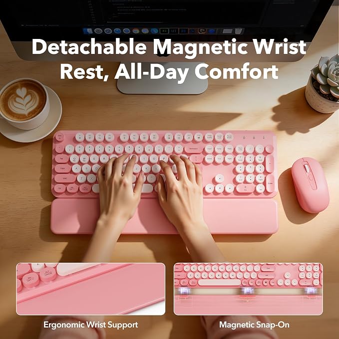 Wireless Keyboard and Mouse Combo, Pink, Round Keycaps, Magnetic Wrist Rest - Image 2