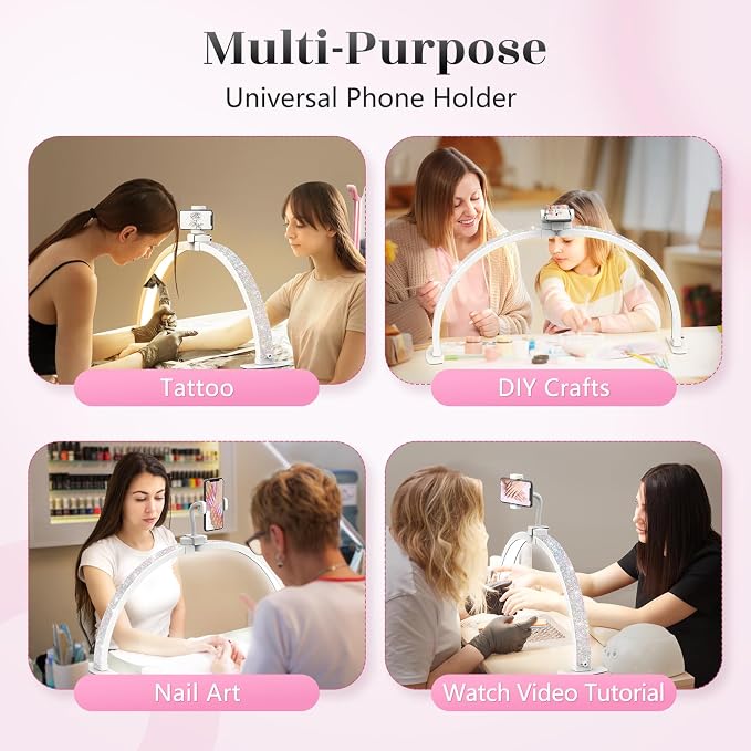 Yokilly Half Moon Light for Nail Desk: 23" Foldable Nail Light for Desk | AB Diamonds Arch Nail Tech Light with Phone Holder for Beginner - 3 Color Modes & 10 Brightness for Manicure Salon-White - Image 6