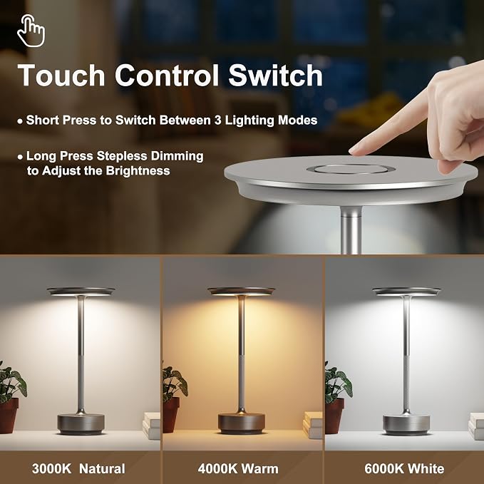 2 Pack Cordless Table Lamps Rechargeable, 5000mAh LED Table Light | Portable 3 Color Stepless Dimming Battery Powered Table Lamp with Memory Function for Restaurant/Home/Outdoor.(Silver) - Image 2