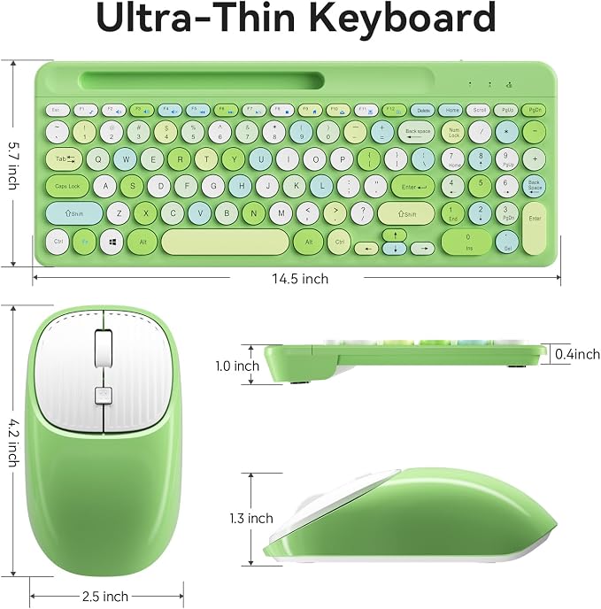 Retro Wireless Keyboard and Mouse Combo, Full-Size USB Keyboard with Round Keycaps, 2.4GHz Wireless for Desktop, Laptop and Computer (Green-Colorful) - Image 6