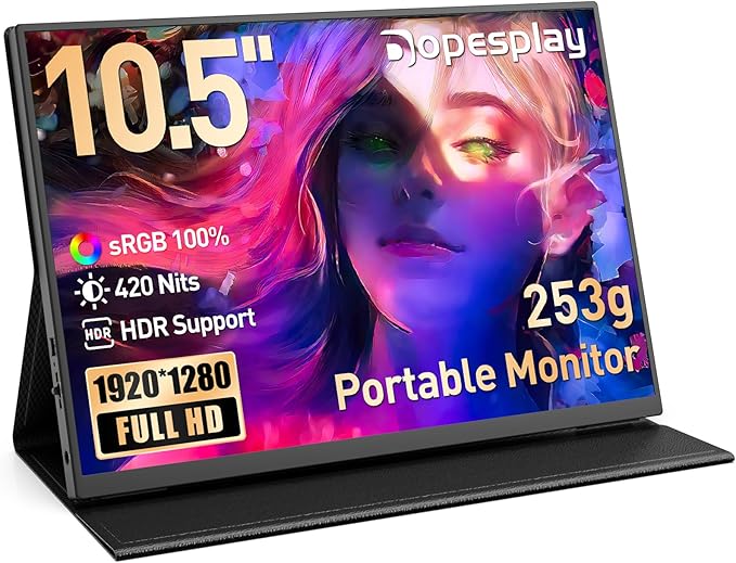 Portable Monitor,10.5" HDR 1280P Ultra-Thin 100% sRGB Travel Portable Monitor for Laptop, 420 Nits Mini Secondary Display with Protective Case & Speaker, Monitors for Laptop, PC Mac Phone PS4/5 Xbox by Dopesplay