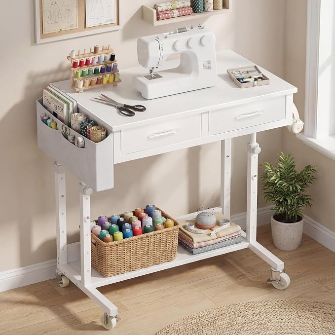 WINAZ Small Rolling Desk with Drawers & Storage - 32 Inch Adjustable Height Standing Desk on Wheels for Teachers, Students, Portable Mobile Workstation for Home Office, Small Spaces, Sewing & Crafts - Image 6