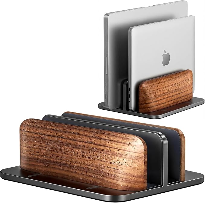 JCZT Vertical Laptop Stand, Walnut Dual Laptop Holder, Black | with Adjustable Aluminum Alloy Base Laptop Stand for All MacBok/Surface/Samsung/HP/Dell/Chrome Book Laptops (Up to 17.3 inch) by JCZT