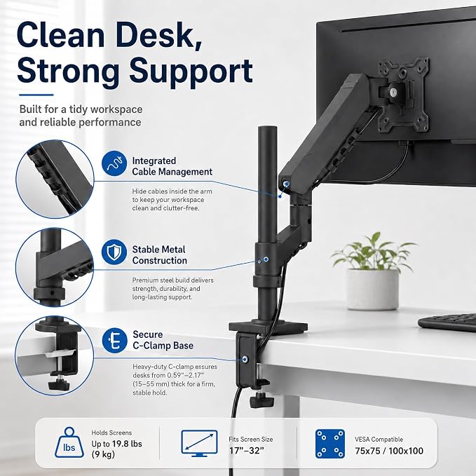 Long Reach Single Monitor Arm, Spring Desk Mount, 17-32 Inch, VESA | Long-reach spring arm adds movement space; rotatable arm collars and anti-slip rings support flexible screen positioning. - Image 2