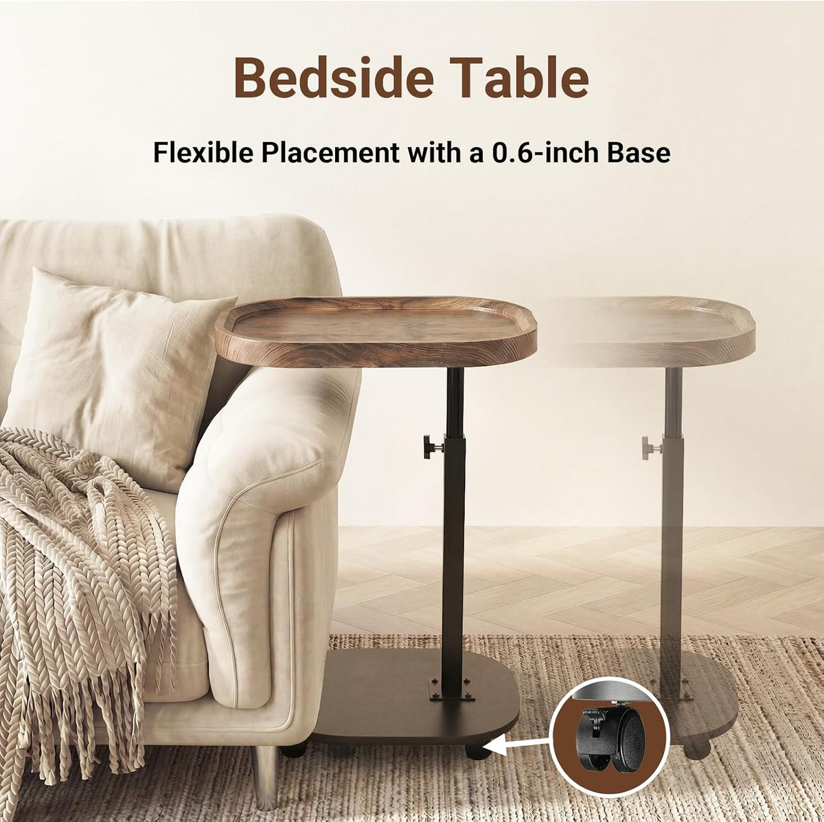 Adjustable Height TV Tray Table for Snack, Eating, Dinner or Laptop, 360°Rolling C Shaped End Table for Couch, Sofa, Chair, Bed, Perfect for Small Places, Livingroom, Bedroom - Image 4
