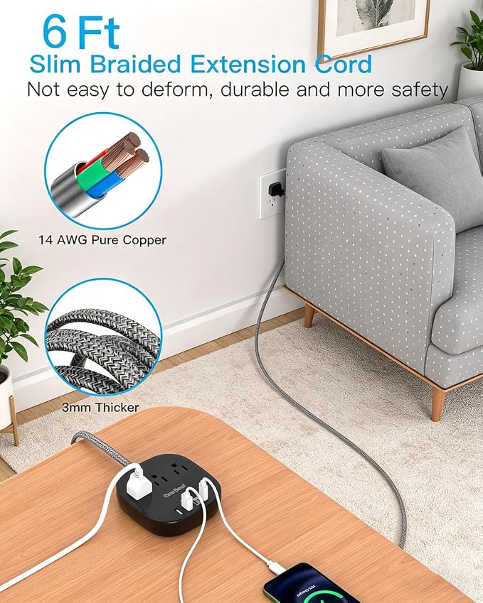 Cruise Ship Travel Essentials, 22.5W/4.5A Flat Plug Power Strip, Black | 6Ft Extension Cord, 3 Outlets 4 USB Ports (2 USB C) Cruise Approved Power Strip No Surge Protection, Desktop Charging Station - Image 6