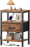 OLIXIS Nightstand with Charging Station, Beside Table with Fabric Drawer | 3-Tier End Table with 2 Storage Shelves,Night Stand with USB Ports and Outlets for Bedroom, Rustic Brown by OLIXIS