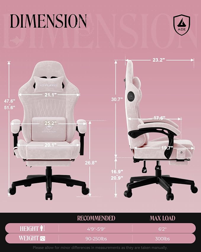 GTPLAYER Gaming Chair with Speakers, Video Game Chairs with Footrest, PC Gamer Chairs for Adults - Padded High Back Ergonomic Reclining Silla Gamer, Linkage Armrest, ACE Pro, Pink (Velvet) - Image 2