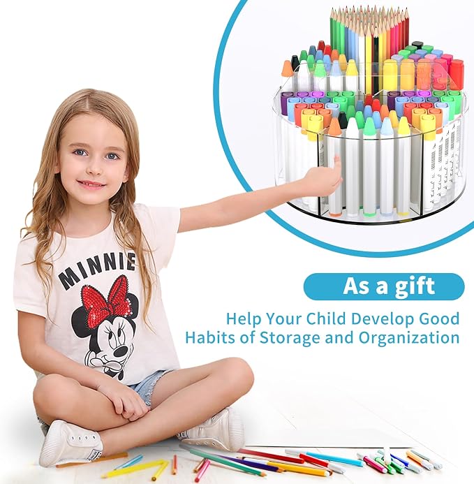 360 Degree Acrylic Desk Organizer Clear Pen Holder for Desk Kids 2 Packs | Pencil Holder Rotating Lazy Susan Organizer for School Supplies, Marker Holder Art Supply Storage Organizer with 6 Dividers - Image 7